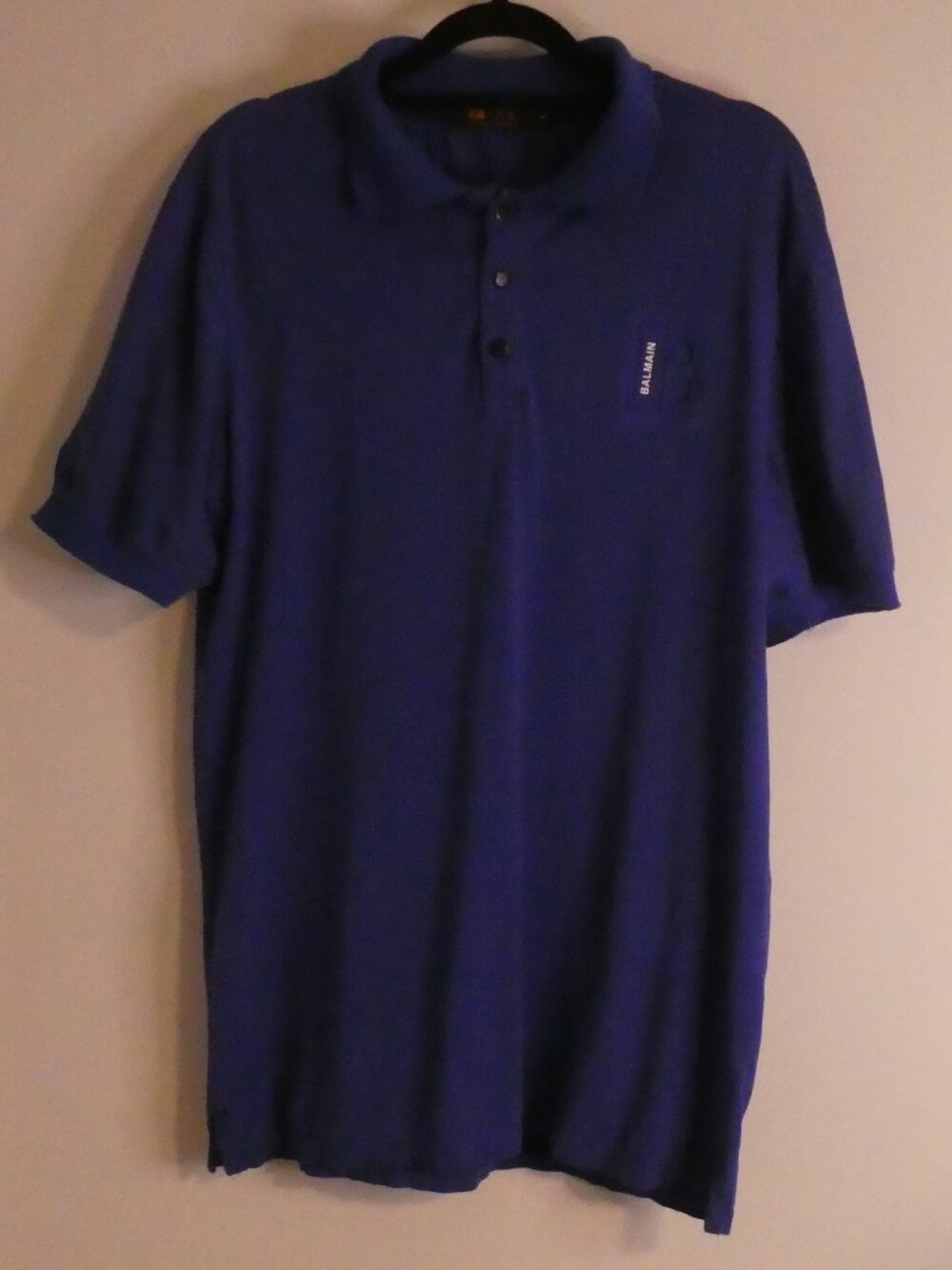 F-FX Blue Men’s Polo Shirt Embossed "B Balmain" Graphic - size large  *flawed
